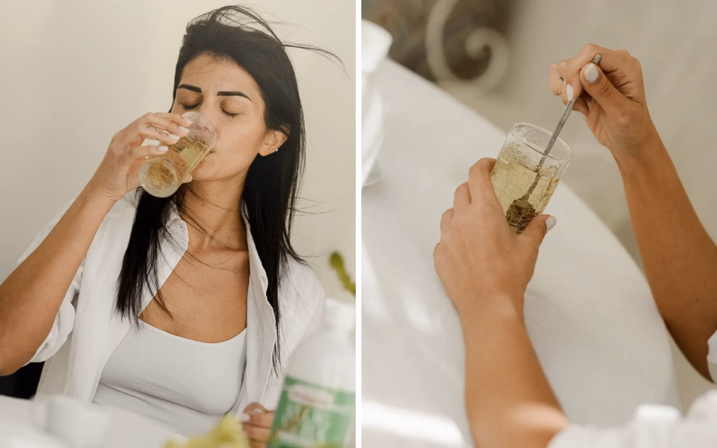Donna beve un bicchiere preparato con Aloe Vera Succo Puro