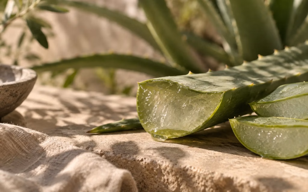 Foglie di Aloe Vera tagliate con il gel trasparente in evidenza